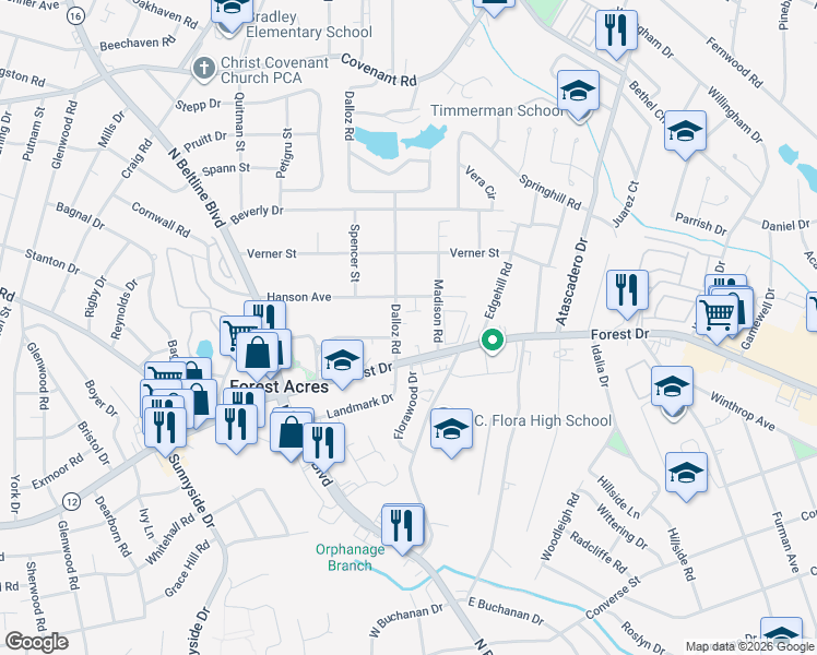 map of restaurants, bars, coffee shops, grocery stores, and more near 1706 Dalloz Road in Columbia