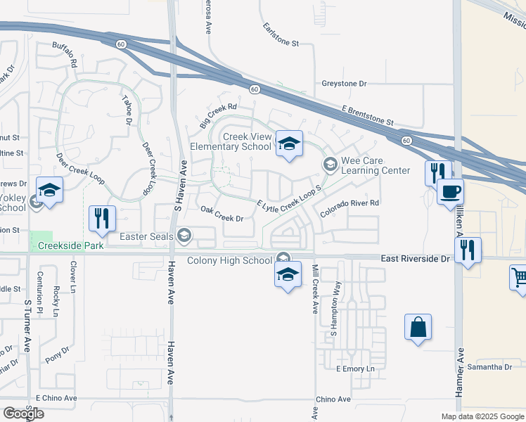 map of restaurants, bars, coffee shops, grocery stores, and more near 3732 Oak Creek Drive in Ontario