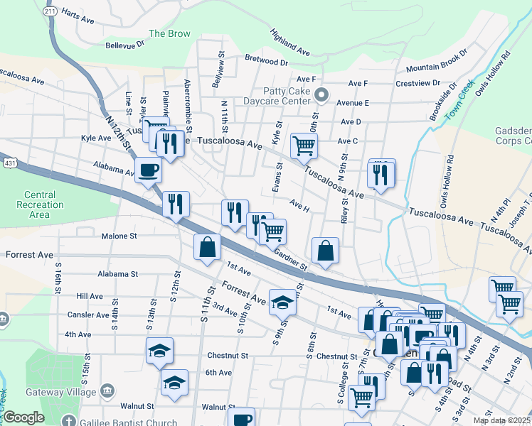 map of restaurants, bars, coffee shops, grocery stores, and more near 402 Evans Street in Gadsden