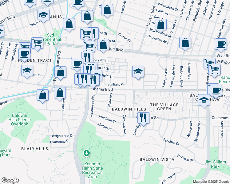 map of restaurants, bars, coffee shops, grocery stores, and more near 5643 Fallsgrove Street in Los Angeles