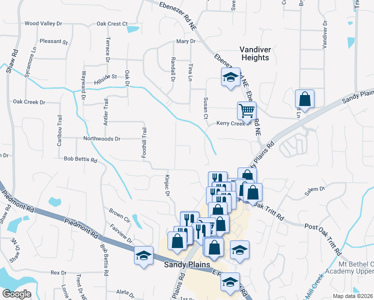 map of restaurants, bars, coffee shops, grocery stores, and more near 1850 Naz Trace Northeast in Marietta