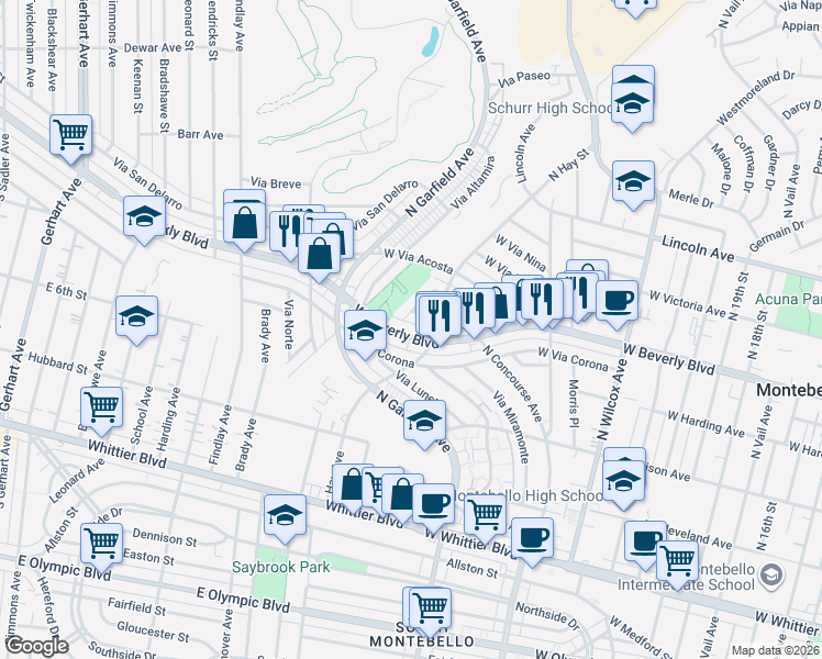 map of restaurants, bars, coffee shops, grocery stores, and more near 2616 West Beverly Boulevard in Montebello
