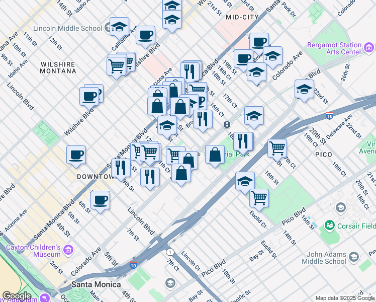 map of restaurants, bars, coffee shops, grocery stores, and more near 1543 Euclid Street in Santa Monica