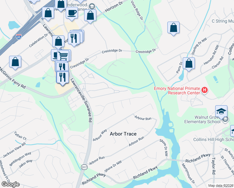 map of restaurants, bars, coffee shops, grocery stores, and more near 112 Reynolds Court in Suwanee