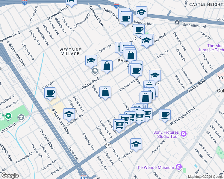 map of restaurants, bars, coffee shops, grocery stores, and more near 10830 Tabor Street in Los Angeles