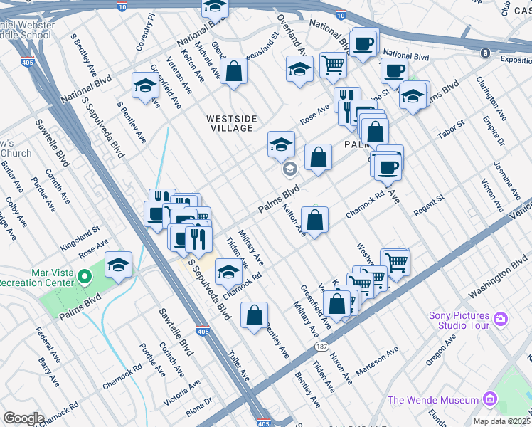 map of restaurants, bars, coffee shops, grocery stores, and more near 10930 Palms Boulevard in Los Angeles