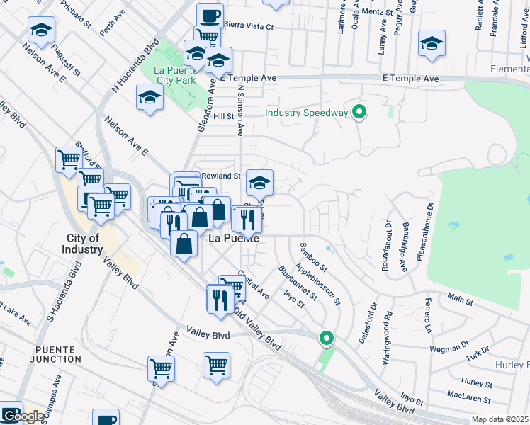 map of restaurants, bars, coffee shops, grocery stores, and more near 16000 Workman Street in La Puente
