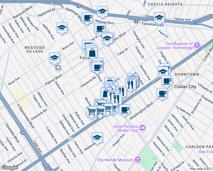 map of restaurants, bars, coffee shops, grocery stores, and more near 3688 Overland Avenue in Los Angeles