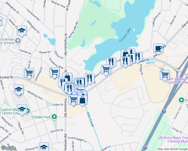 map of restaurants, bars, coffee shops, grocery stores, and more near 5035 Lakeshore Drive in Columbia