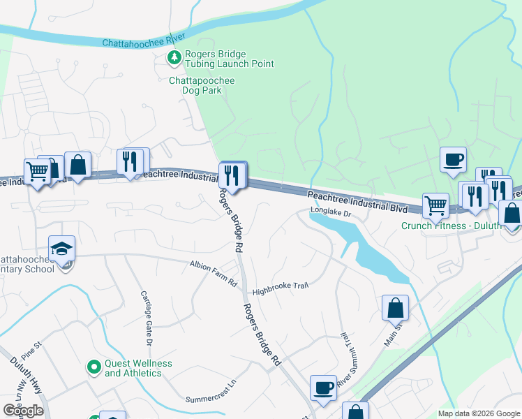 map of restaurants, bars, coffee shops, grocery stores, and more near 4105 Cavalier Way in Duluth