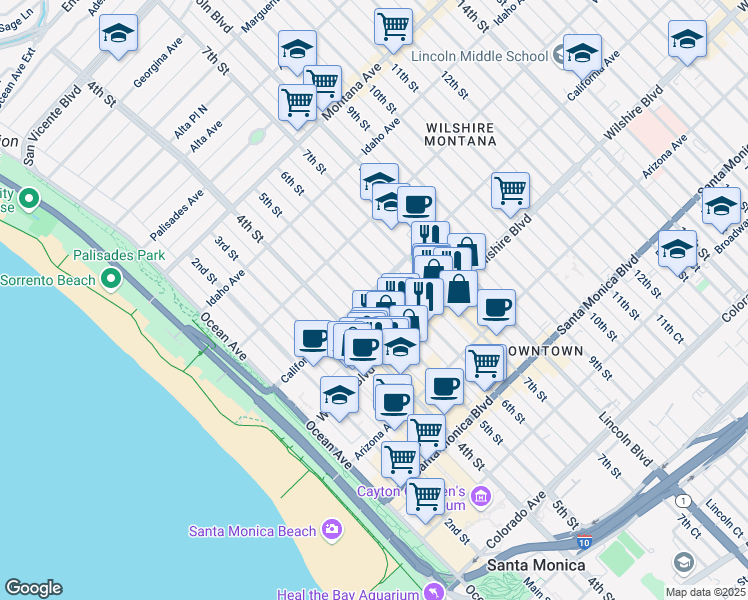 map of restaurants, bars, coffee shops, grocery stores, and more near 490 California Avenue in Santa Monica
