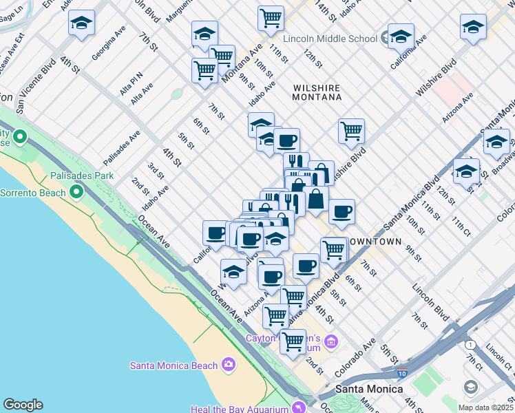 map of restaurants, bars, coffee shops, grocery stores, and more near 500 California Avenue in Santa Monica