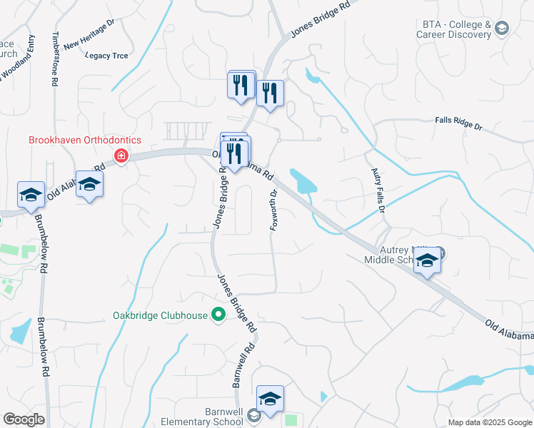 map of restaurants, bars, coffee shops, grocery stores, and more near 9810 Foxworth Drive in Alpharetta