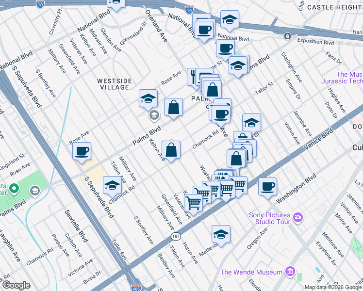 map of restaurants, bars, coffee shops, grocery stores, and more near 10830 Tabor Street in Los Angeles