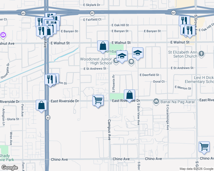 map of restaurants, bars, coffee shops, grocery stores, and more near 2862 South Campus Avenue in Ontario