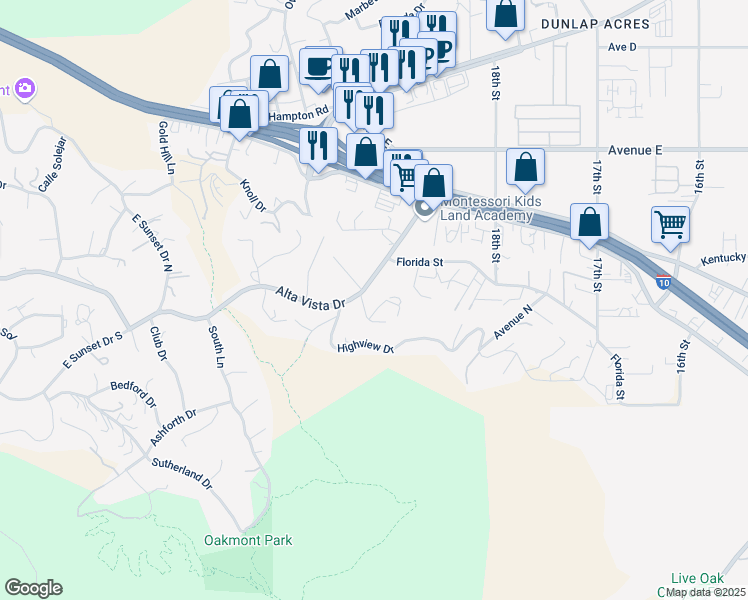 map of restaurants, bars, coffee shops, grocery stores, and more near 31483 Alta Vista Drive in Redlands