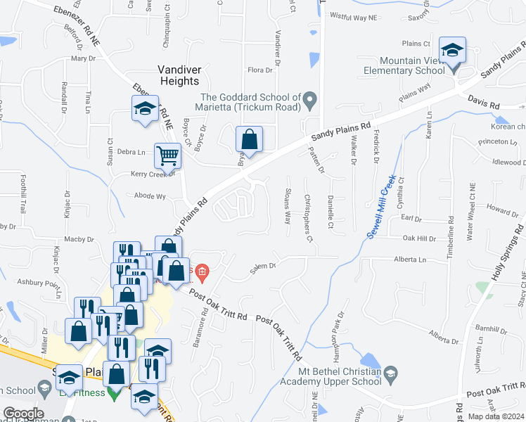 map of restaurants, bars, coffee shops, grocery stores, and more near 2731 Harper Woods Drive in Marietta