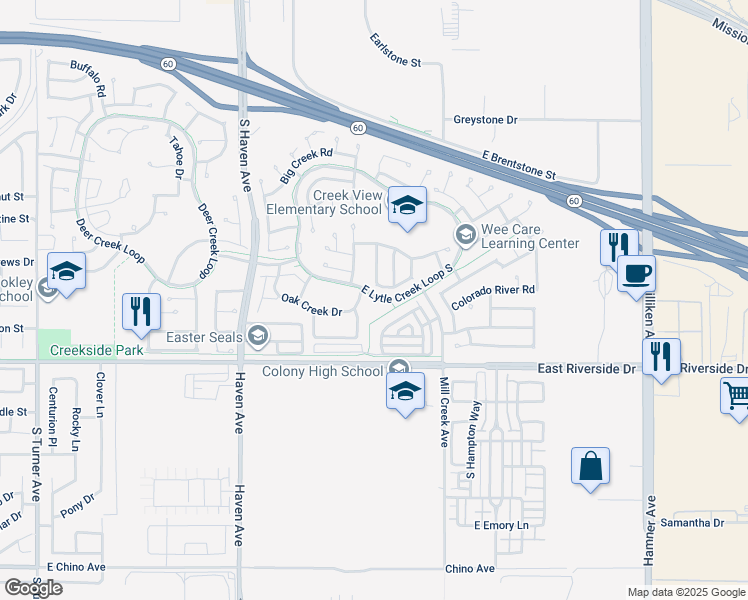 map of restaurants, bars, coffee shops, grocery stores, and more near 3718 Elk Creek Way in Ontario