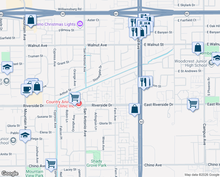 map of restaurants, bars, coffee shops, grocery stores, and more near 6840 Corybus Street in Chino