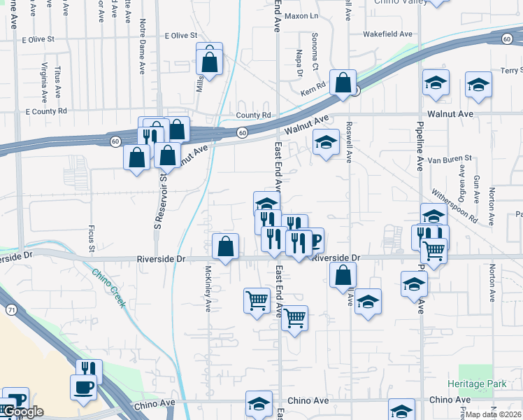 map of restaurants, bars, coffee shops, grocery stores, and more near 3618 La Reata Drive in Chino