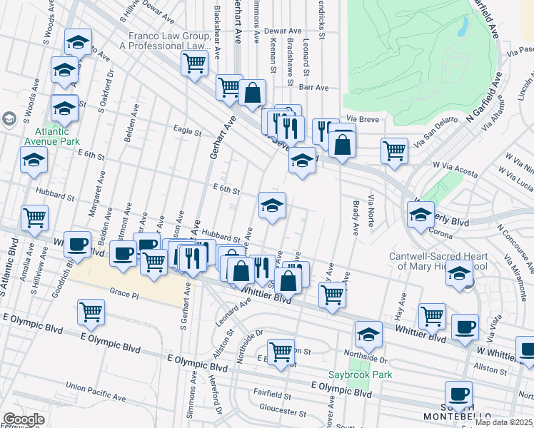 map of restaurants, bars, coffee shops, grocery stores, and more near 620 Bradshawe Avenue in East Los Angeles