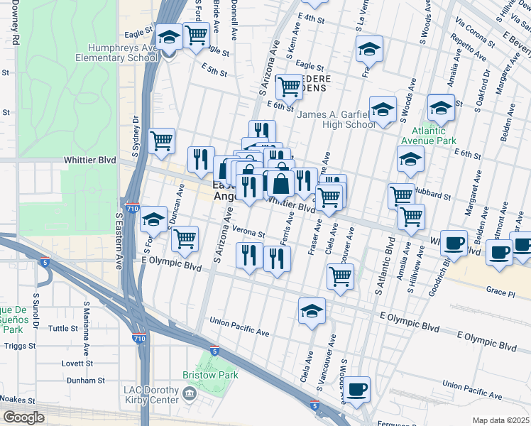 map of restaurants, bars, coffee shops, grocery stores, and more near in East Los Angeles