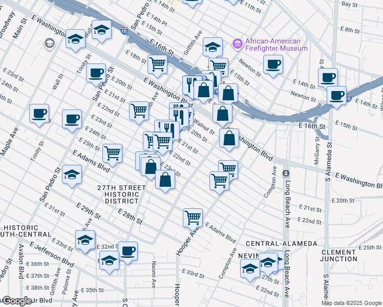 map of restaurants, bars, coffee shops, grocery stores, and more near 1348 East 21st Street in Los Angeles