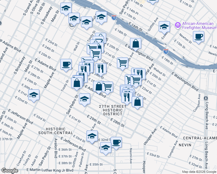 map of restaurants, bars, coffee shops, grocery stores, and more near 1036 East 24th Street in Los Angeles