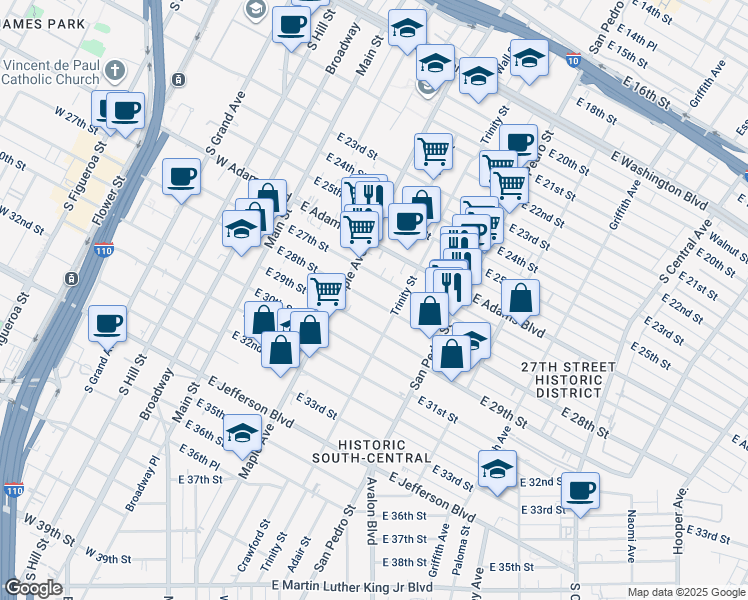 map of restaurants, bars, coffee shops, grocery stores, and more near 456 East 27th Street in Los Angeles