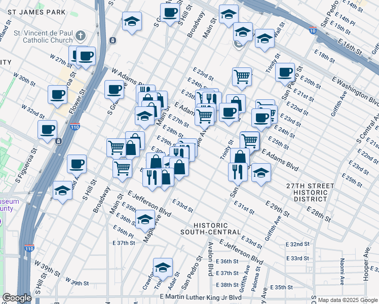 map of restaurants, bars, coffee shops, grocery stores, and more near 249 East 29th Street in Los Angeles