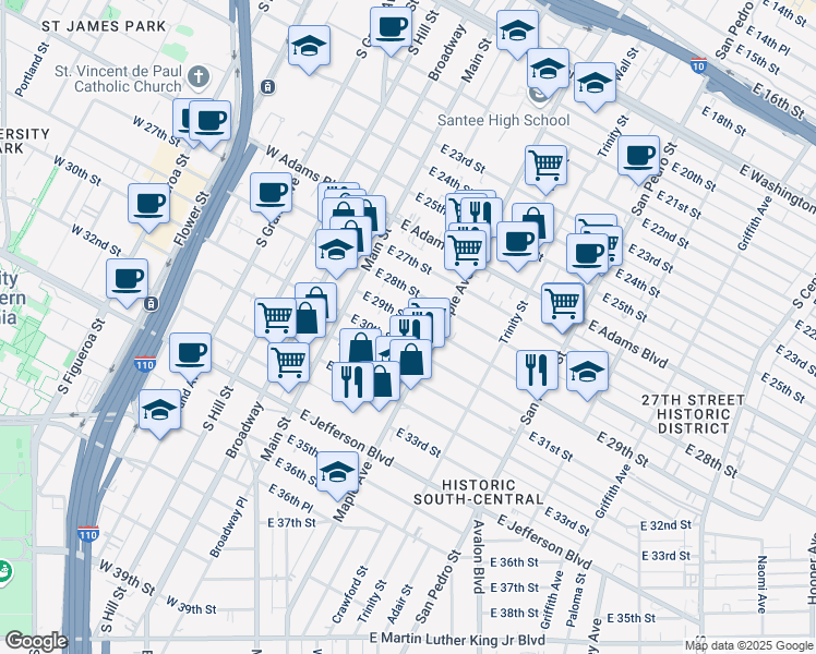 map of restaurants, bars, coffee shops, grocery stores, and more near 249 East 29th Street in Los Angeles