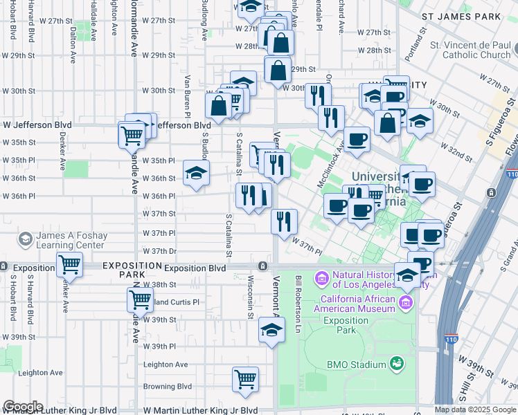map of restaurants, bars, coffee shops, grocery stores, and more near 1147 West 37th Street in Los Angeles