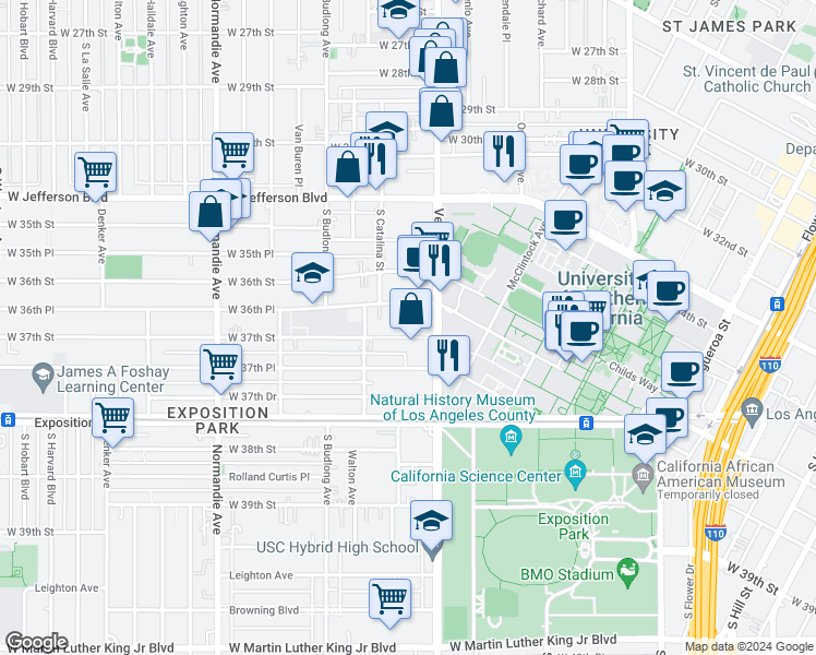 map of restaurants, bars, coffee shops, grocery stores, and more near 1147 West 37th Street in Los Angeles