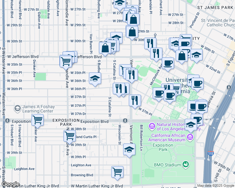 map of restaurants, bars, coffee shops, grocery stores, and more near 1147 West 37th Street in Los Angeles
