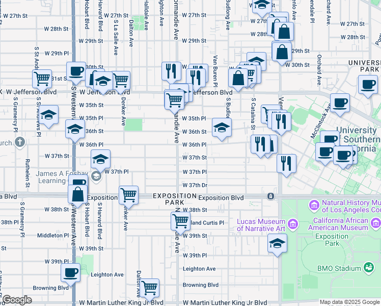 map of restaurants, bars, coffee shops, grocery stores, and more near 1350 West 36th Place in Los Angeles