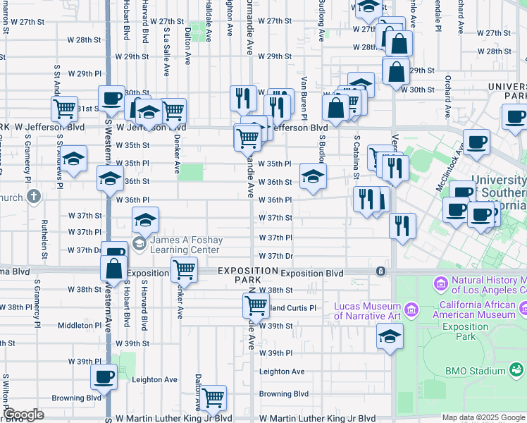 map of restaurants, bars, coffee shops, grocery stores, and more near 1350 West 36th Place in Los Angeles