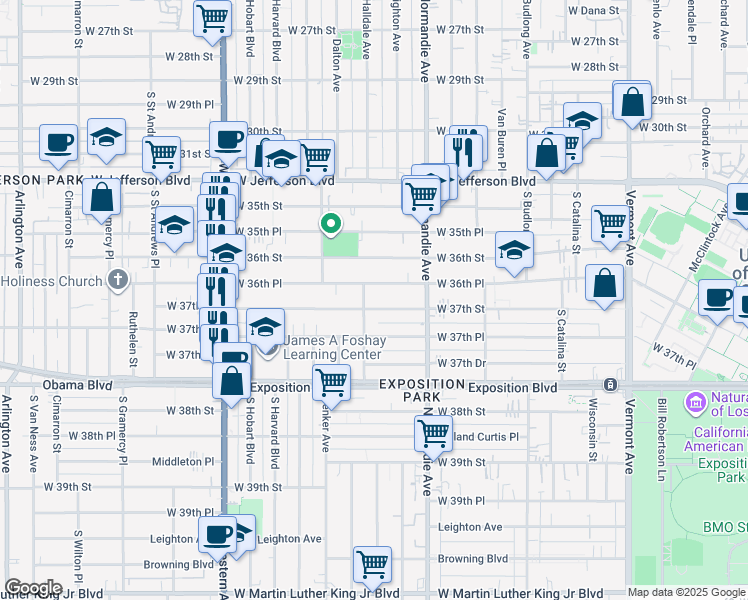 map of restaurants, bars, coffee shops, grocery stores, and more near 1458 West 36th Place in Los Angeles