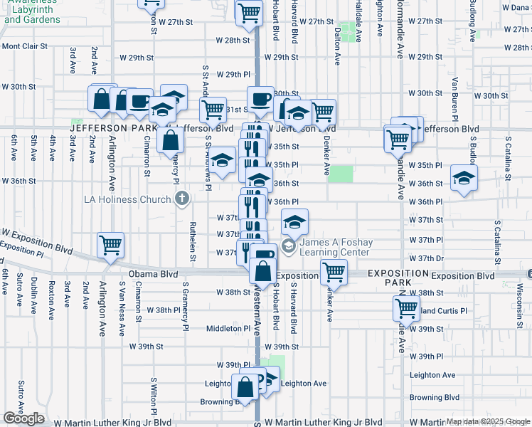 map of restaurants, bars, coffee shops, grocery stores, and more near 1660 West 36th Place in Los Angeles