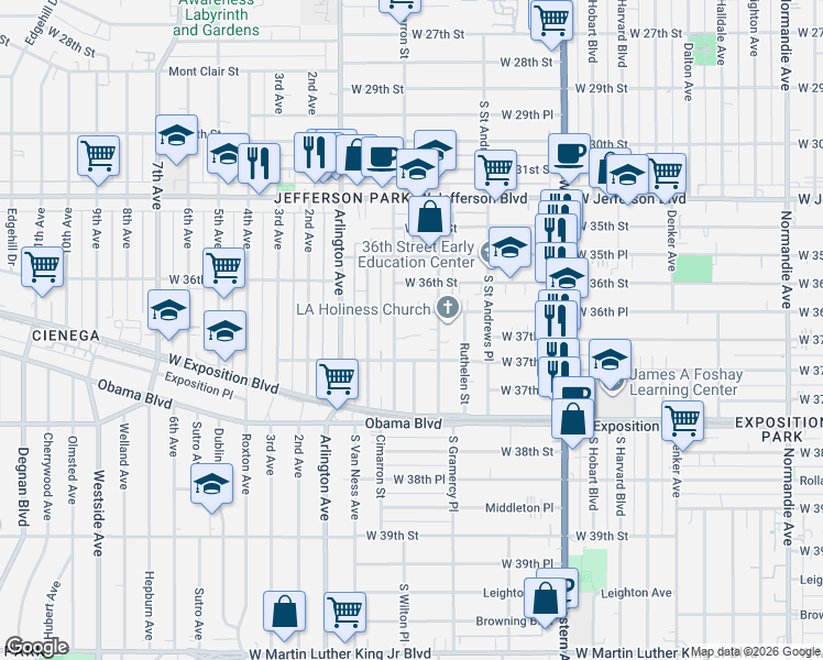 map of restaurants, bars, coffee shops, grocery stores, and more near 3660 Cimarron Street in Los Angeles