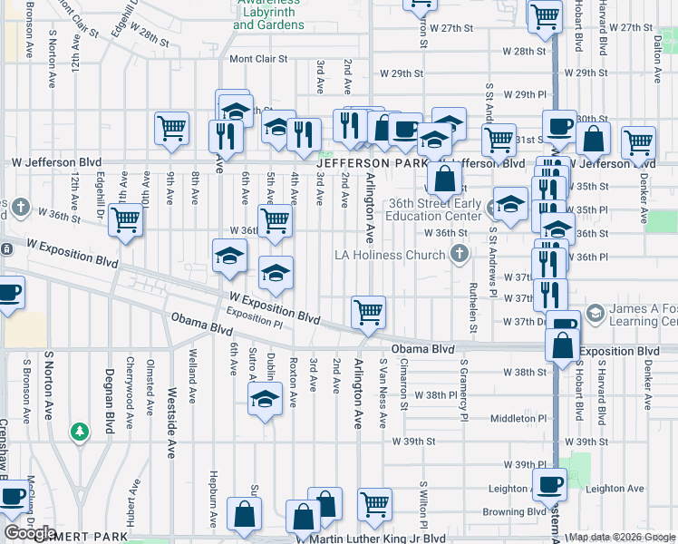 map of restaurants, bars, coffee shops, grocery stores, and more near 3648 2nd Avenue in Los Angeles
