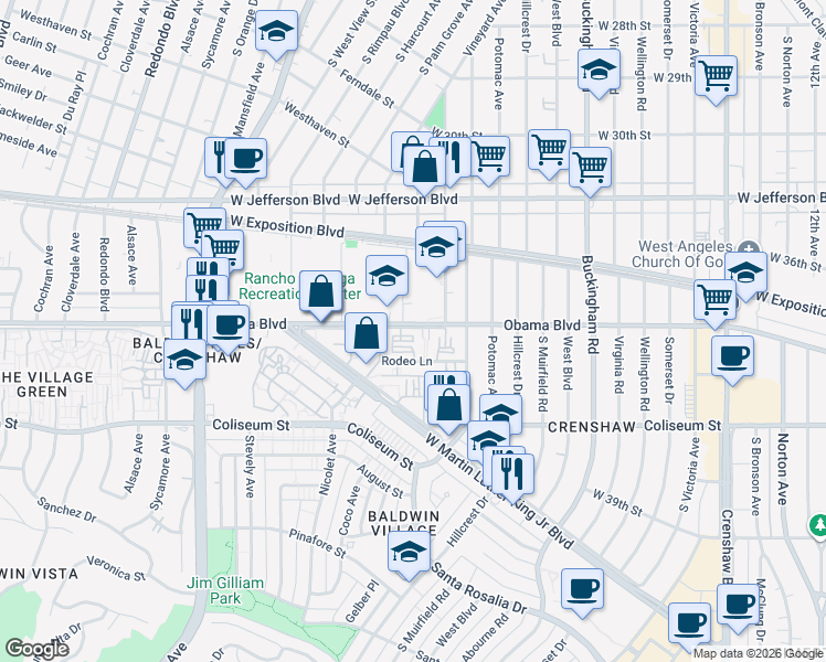 map of restaurants, bars, coffee shops, grocery stores, and more near 4632 Obama Boulevard in Los Angeles