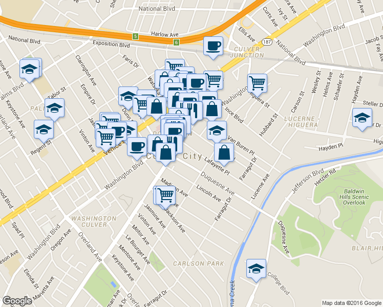 map of restaurants, bars, coffee shops, grocery stores, and more near in Culver City