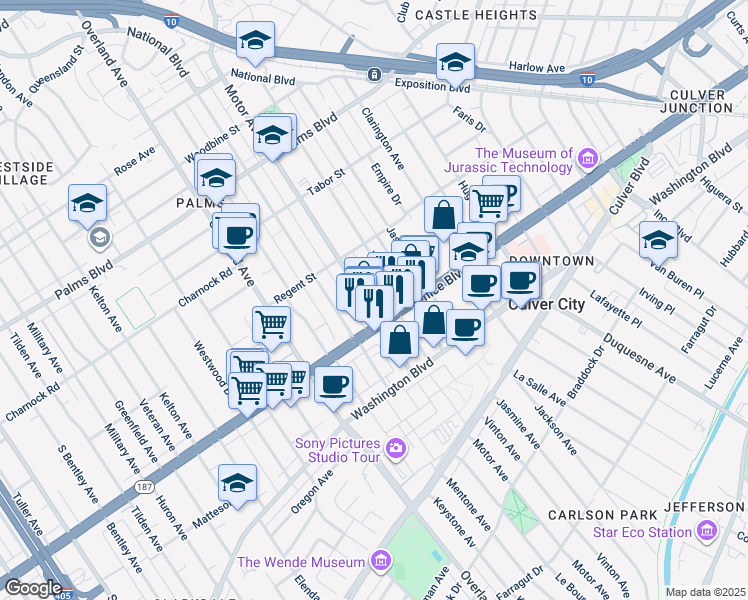 map of restaurants, bars, coffee shops, grocery stores, and more near 3760 Motor Avenue in Los Angeles