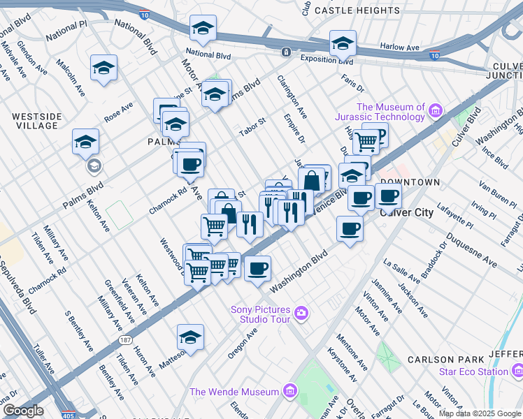 map of restaurants, bars, coffee shops, grocery stores, and more near 3737 Motor Avenue in Los Angeles