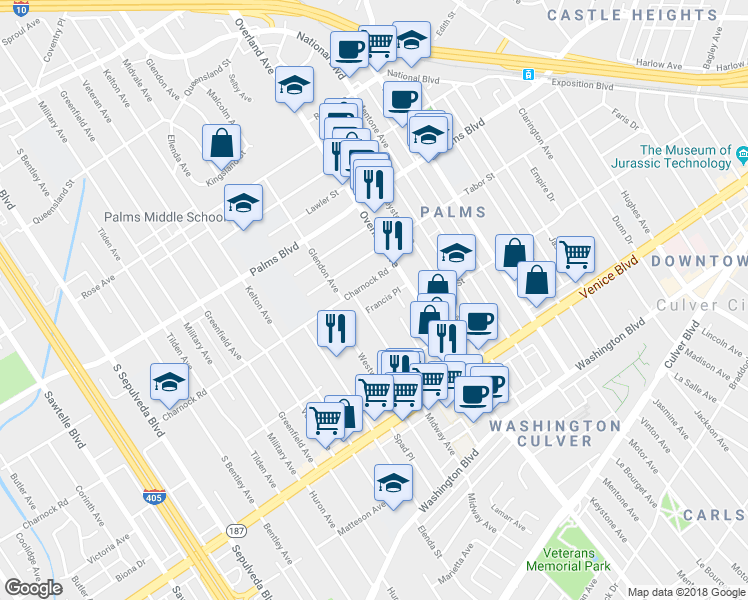 map of restaurants, bars, coffee shops, grocery stores, and more near 10752 Charnock Road in Los Angeles