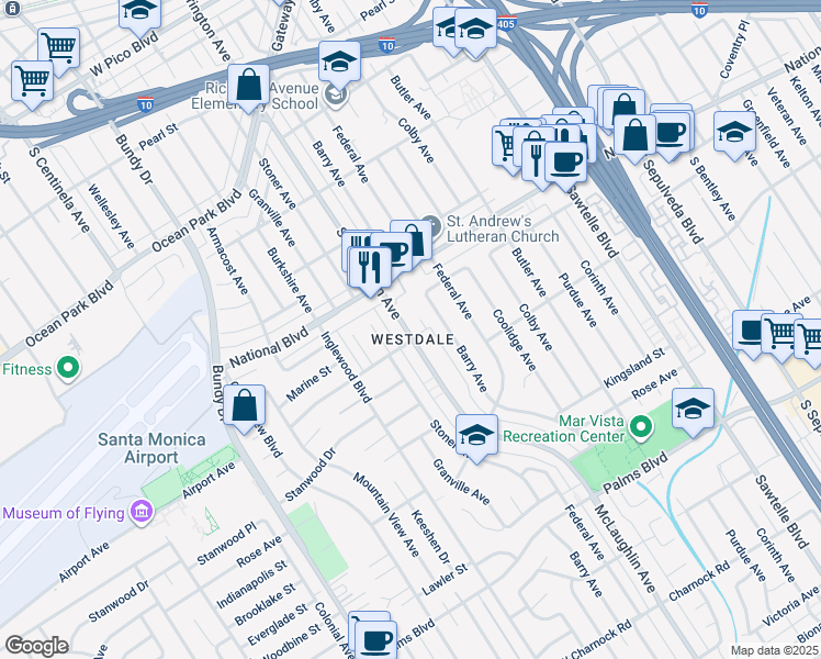 map of restaurants, bars, coffee shops, grocery stores, and more near 3112 South Barrington Avenue in Los Angeles