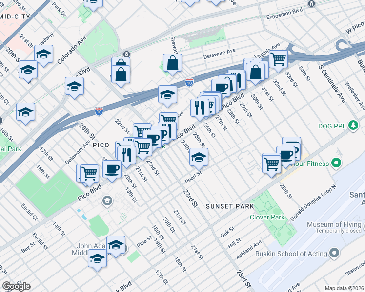map of restaurants, bars, coffee shops, grocery stores, and more near 2223 24th Street in Santa Monica