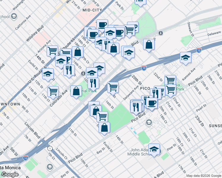map of restaurants, bars, coffee shops, grocery stores, and more near 1748 18th Street in Santa Monica