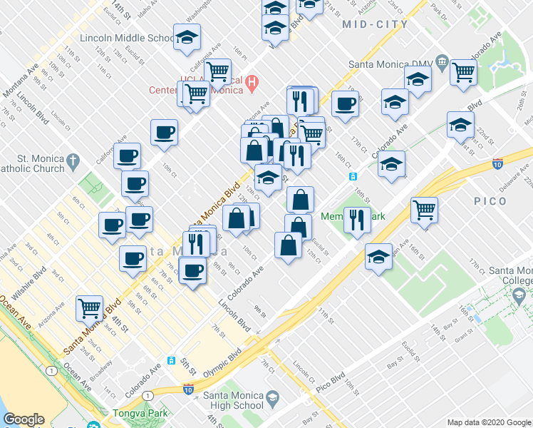 map of restaurants, bars, coffee shops, grocery stores, and more near 1512 Euclid Street in Santa Monica