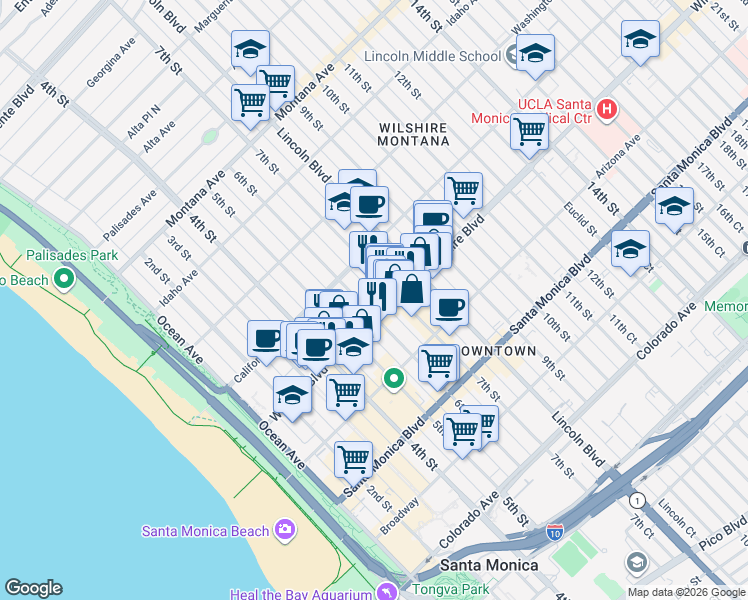 map of restaurants, bars, coffee shops, grocery stores, and more near 1133 6th Street in Santa Monica